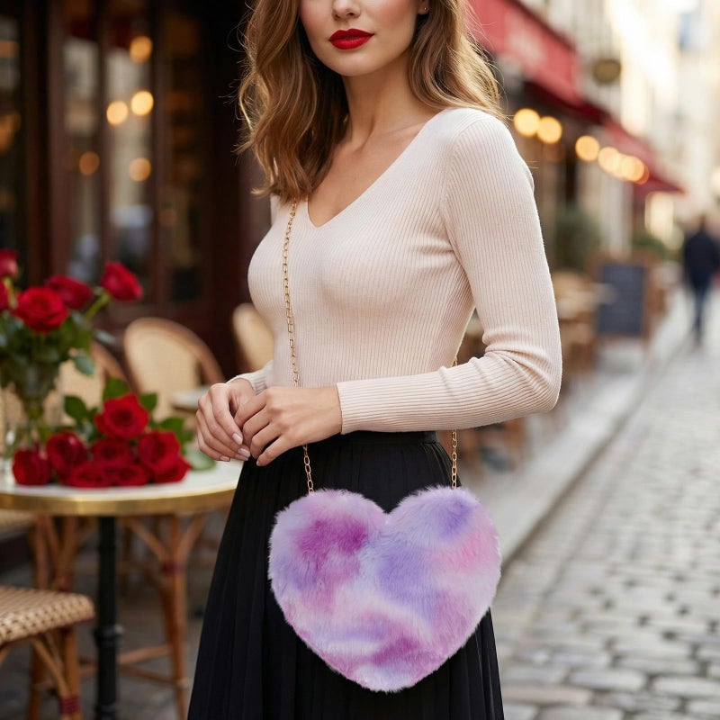 Miayon Heart Shaped Faux Fur Clutch Purse Fluffy Crossbody Shoulder Bag for Women Halloween Christmas Valentine Light Purple - Image 2