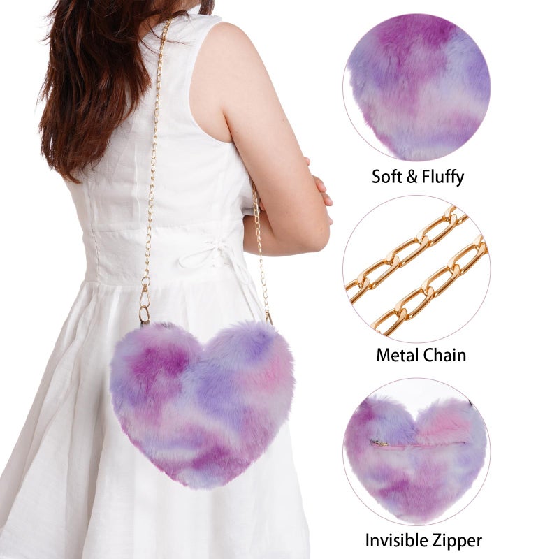 Miayon Heart Shaped Faux Fur Clutch Purse Fluffy Crossbody Shoulder Bag for Women Halloween Christmas Valentine Light Purple - Image 5