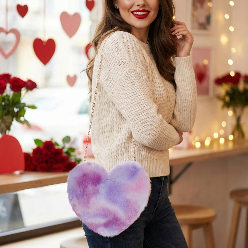 Miayon Heart Shaped Faux Fur Clutch Purse Fluffy Crossbody Shoulder Bag for Women Halloween Christmas Valentine Light Purple - Image 3