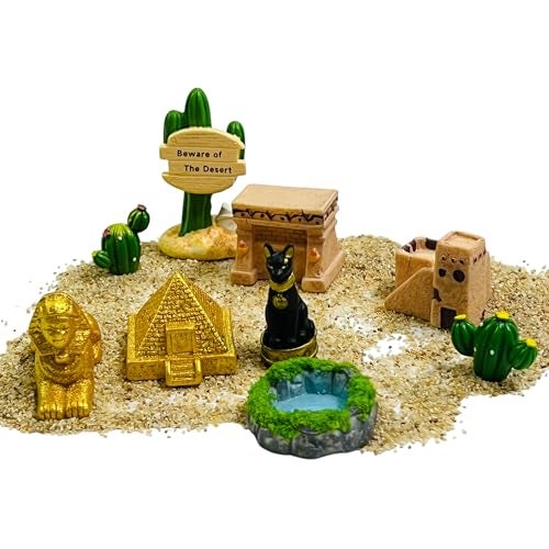 Krisah Resin Desert Theme Miniature Toys Set, 9 Pieces with Sand, Egyptian Pyramid Decor for Fairy Garden, Terrarium, Desktop - Image 1