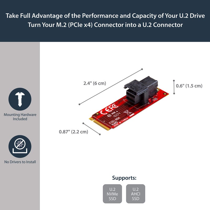 StarTech.com U.2 to M.2 Adapter - for 1 x U.2 PCIe NVMe SSD - M.2 PCIe x4 Host Interface - U.2 SSD - M.2 PCIe Adapter - U.2 Drive , TAA (M2E4SFF8643) - Image 2