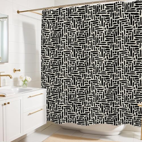 Worthwhile Goods Modern Black and Ivory Brushstroke Print Shower Curtain - Abstract Minimalist Pattern - Neutral Design - Trendy Fabric Shower Curtain for Any Bathroom - 72x72 Inches (Brushstroke) - Image 1