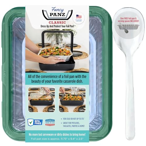 Fancy Panz Classic, Food Serving Tray, Made in the USA Foil Pan Carrier, Stackable Aluminum Pan Holders with Clear Lid, Travel Casserole Carrier With 1 Disposable Foil Pan & Serving Spoon, Green - Image 1