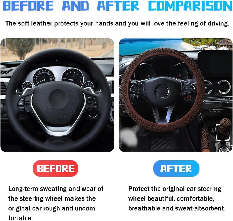 Bittwee 3PCS 15Inch Car Steering Wheel Cover Armrest Cover Gear Shift Cover Set, Microfiber Breathable Anti-Slip Automotive Steering Wheel Protector, Vehicle Interior Decor, Universal Fit（Coffee） - Image 3