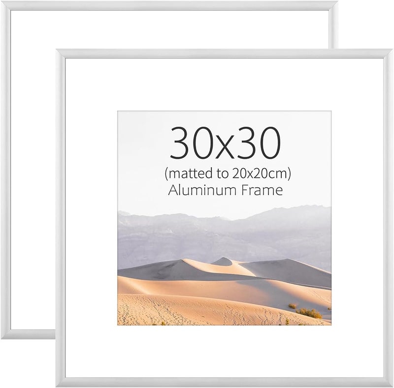 ATOBART إطار صورة، 2 قطعة إطار صورة معدني 30x30 - إطارات صور ألومنيوم 30x30 مع حشوة قابلة للإزالة 20x20 سم للتعليق على الحائط والطاولة، فضي - Image 1