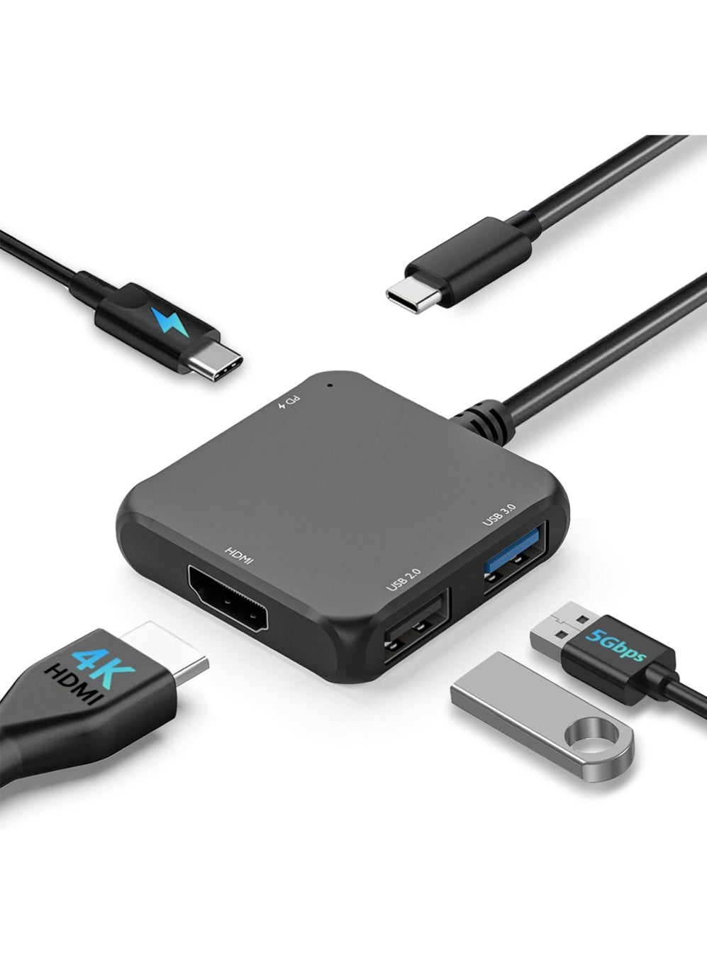 USB C Hub HDMI Adapter, 4-in-1 USB C to HDMI 4K Adapter with PD 100W, USB 3.0 5Gbps for MacBook, iPad Pro, XPS, Surface, TV Dock Station for Switch/Steam Deck Dock 
