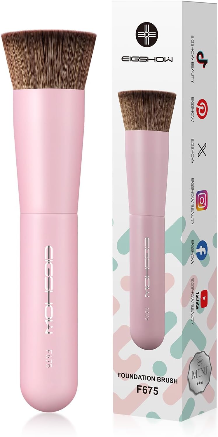 EIGSHOW Foundation Brush for Liquid Makeup, Flat Top Travel Kabuki Makeup Brush for Blending Liquid, Cream, and Powder, Dense & Soft Synthetic Bristles (F675-Pink) - Image 1