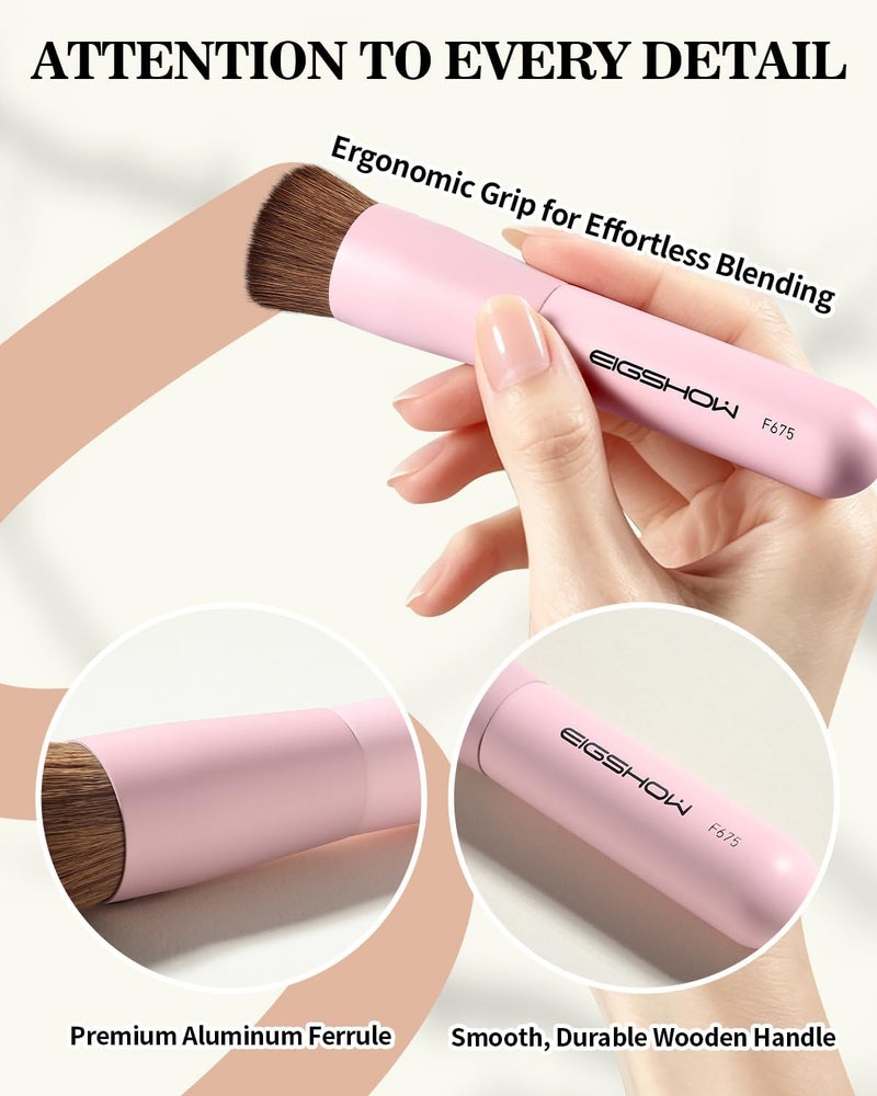 EIGSHOW Foundation Brush for Liquid Makeup, Flat Top Travel Kabuki Makeup Brush for Blending Liquid, Cream, and Powder, Dense & Soft Synthetic Bristles (F675-Pink) - Image 3