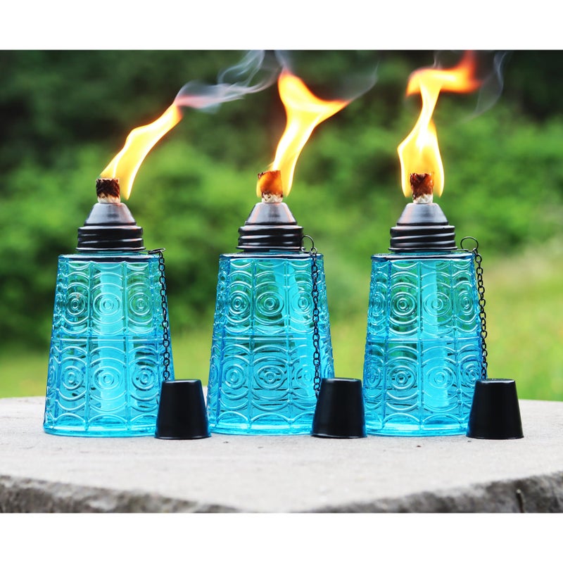 Seraphic Citronella Table Top Torches for Outdoor Patio, 16oz Decorative Glass Torch Citronella Candles for Outside Deck, Garden, Parties, Set of 3, Blue - Image 1