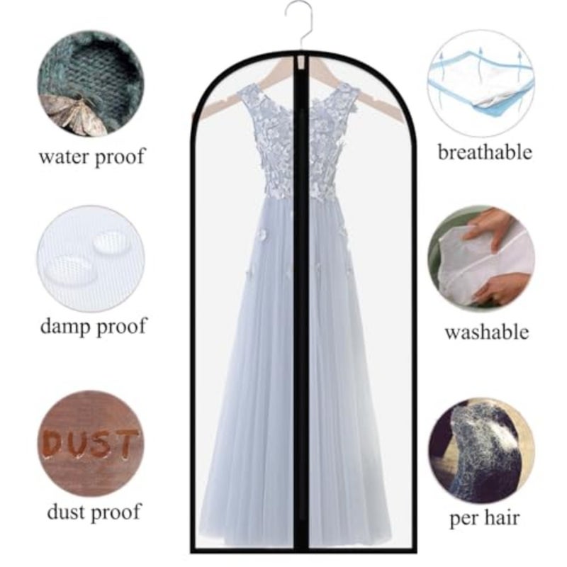 Extra Long Dress Garment Bags 60in Clear Hanging Lightweight Breathable Dust Cover with Study Full Zipper for Storage Clothes and Travel Pack of 6 - Image 2