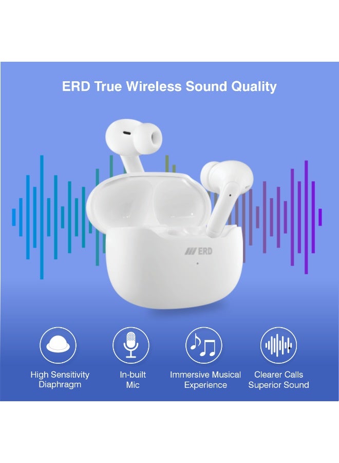ERD سماعات أذن لاسلكية ERD TWS-601 - أبيض | صوت ستيريو لاسلكي حقيقي | محركات 10 مم | 30 ساعة من وقت التشغيل | تحكم باللمس | تقليل الضوضاء - Image 5