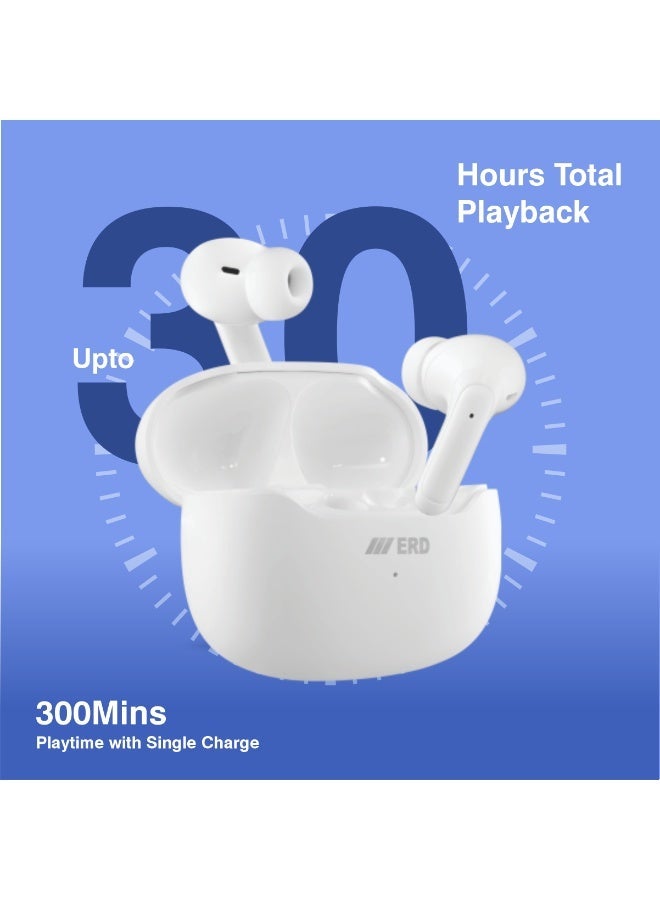 ERD Wireless Earbuds - White | True Wireless Stereo Sound | 10mm Drivers | 30 Hours Playtime | Touch Controls | Noise Reduction |iPhone, Samsung Galaxy,