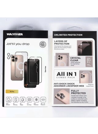 Hammer package complete iPhone 16 Pro comes with 2 transparent front protectors, a cover, and a slim crystal case anti-yellowing, drop-resistant, with a tilt degree, full lens protection, anti-scratch - pzsku/Z180865CB57D0FD446C41Z/45/_/1731599690/b15ac15c-2ed6-41d3-abde-1c40a0a42261