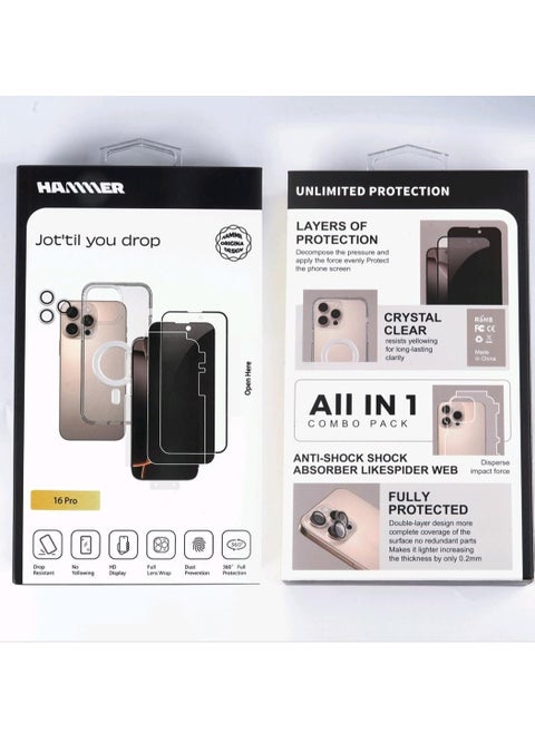 Hammer package complete iPhone 16 Pro comes with 2 transparent front protectors, a cover, and a slim crystal case anti-yellowing, drop-resistant, with a tilt degree, full lens protection, anti-scratch