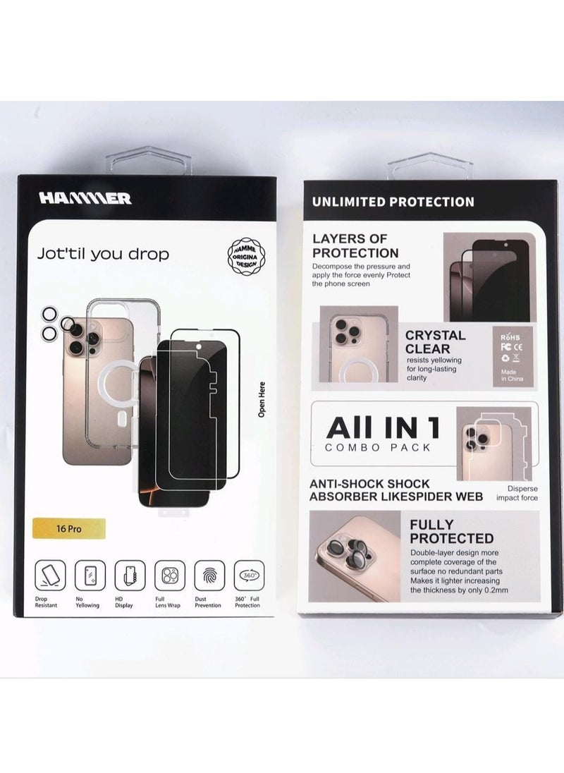 Hammer package complete iPhone 16 Pro comes with 2 transparent front protectors, a cover, and a slim crystal case anti-yellowing, drop-resistant, with a tilt degree, full lens protection, anti-scratch