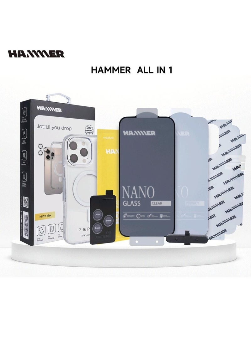 Hammer package complete iPhone 16 Pro comes with 2 transparent front protectors, a cover, and a slim crystal case anti-yellowing, drop-resistant, with a tilt degree, full lens protection, anti-scratch