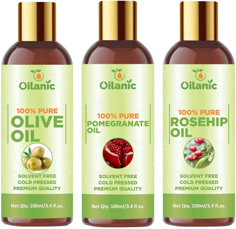 Oilanic?100% Pure & Natural Olive Oil, Pomegranate Oil & Rosehip Oil Combo pack of 3 bottles of 100 ml(300 ml) - Image 1