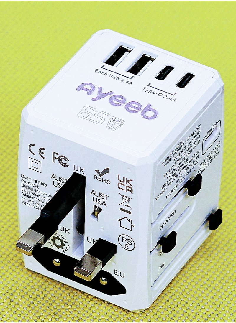 Ayeeb PD65W Multifunctional Portable Universal International Travel Power Adapter,All in one USB Type C 5-Port GaN Fast Wall Charger Converter Plug Compatible with Macbook, iPhone, iPad and electronics  - Image 5