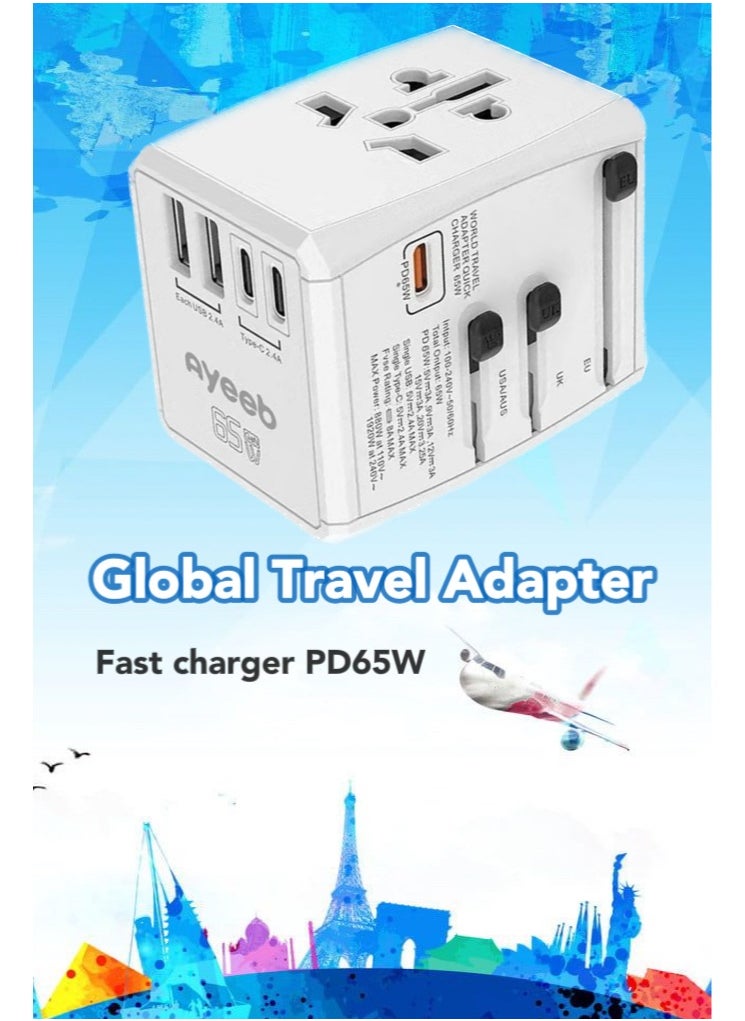 Ayeeb PD65W Multifunctional Portable Universal International Travel Power Adapter,All in one USB Type C 5-Port GaN Fast Wall Charger Converter Plug Compatible with Macbook, iPhone, iPad and electronics  - Image 2