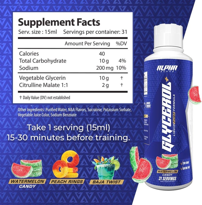 ALPHA SUPPS Glycerol Liquid Pump Formula  HighPerformance StimulantFree Liquid Glycerol and Citrulline Supplement for Enhanced Hydration Endurance  Muscle Pumps 31 Servings Watermelon Candy - Image 2