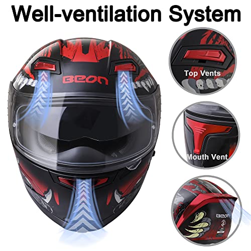 BEON Full Face Motorcycle Helmet, Street Bike Helmet with Clear&Tinted Visors and Multiple Vents, Motocross Casco DOT Approved for Adult Men Women, S-XL (S, Glossy Red) - Image 4