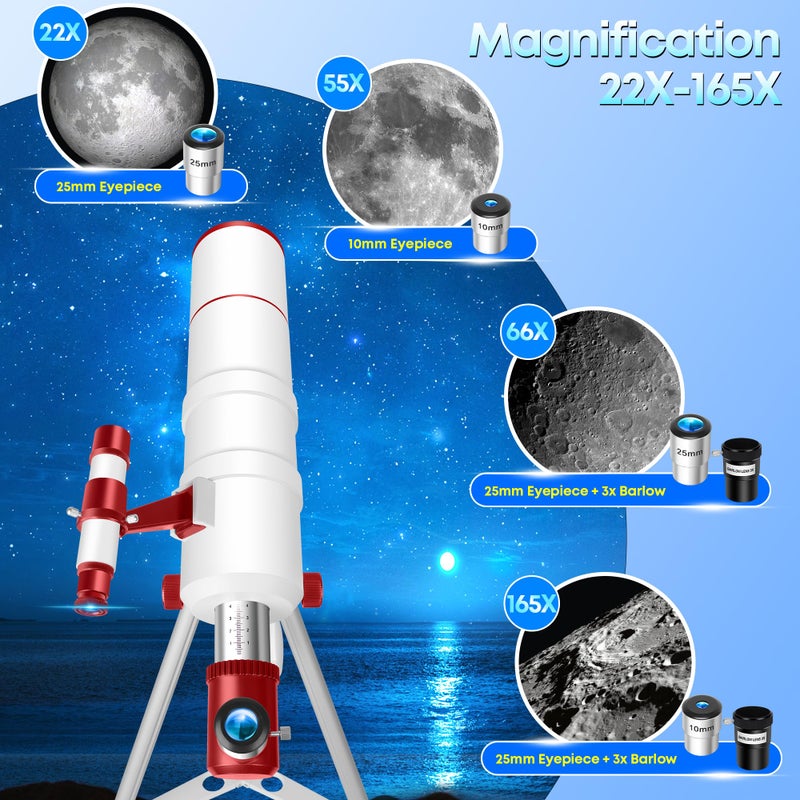 HETEKAN Telescope for Adults Kids & Beginners, 90mm Aperture 550mm Portable Refractor Telescope (22X-165X) with AZ Tripod, Phone Adapter, Carry Bag and Decorative Stickers - Image 3