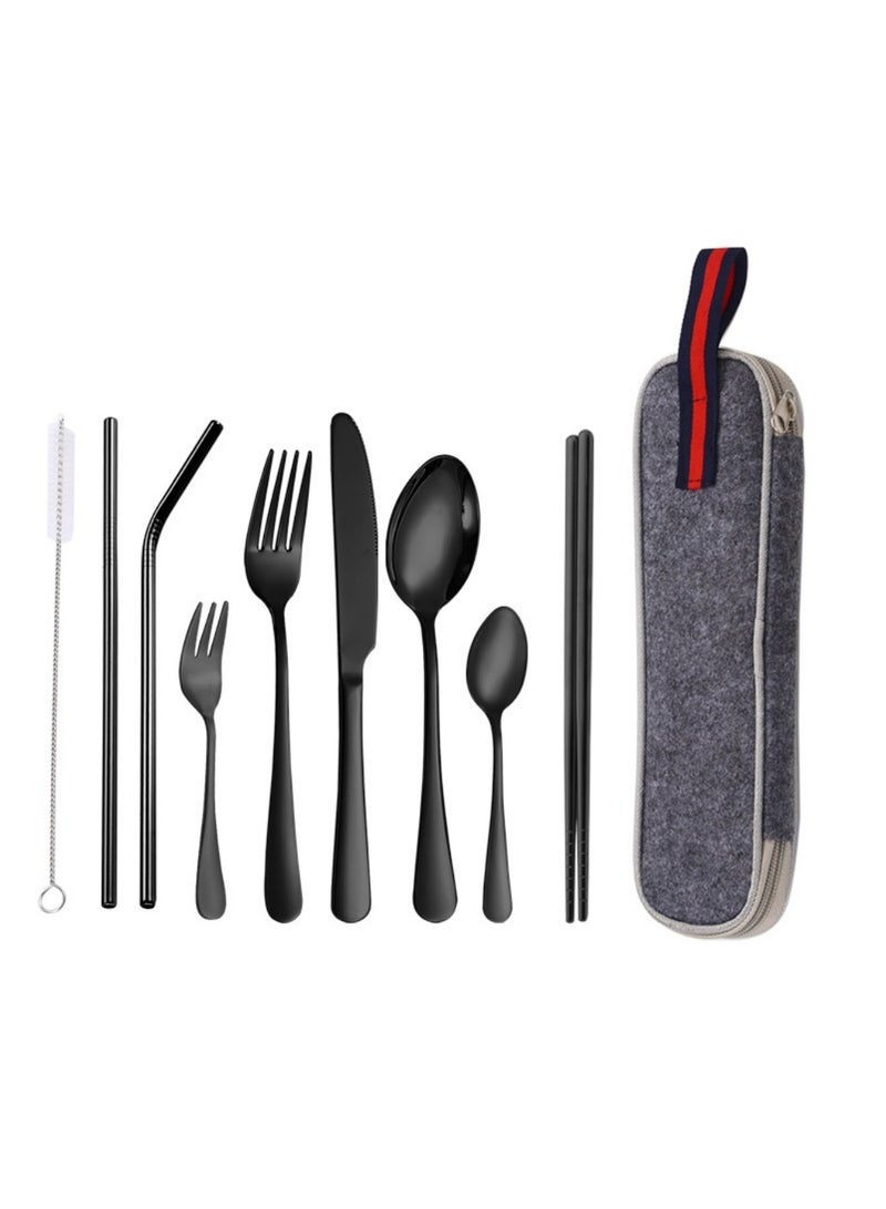 KUYING Outdoor Portable Tableware Set Camping Picnic Stainless Steel knife Fork Spoon 9-Piece Set 