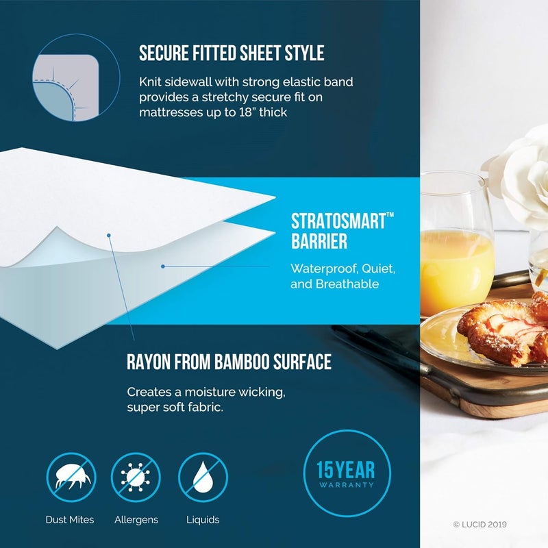 LUCID Super Soft Rayon from Bamboo Jersey Mattress Protector - Waterproof - Dust Mite Protection - Cal King - Image 3