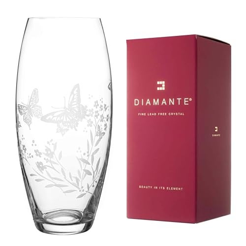 DIAMANTE Butterfly Vase  Etched Butterfly Filigree Wild Flower Floral Pattern  30cm Clear