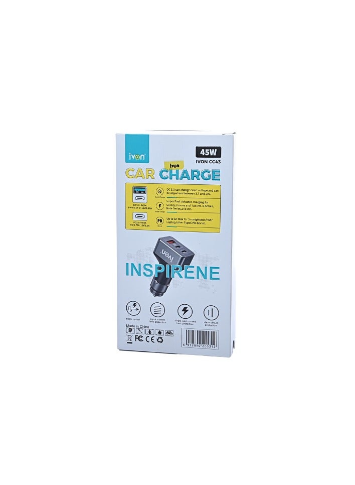 Ivon 45W Metal Car Charger - 1 USB-A & 2 USB-C Ports Fast Charging for Smartphones, Tablets & More (CC43) - Image 5