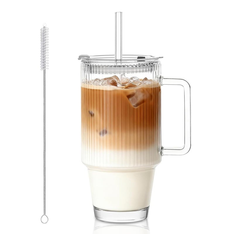 KEMORELA 24 Oz Ribbed Glass Tumblers with Lids and Straws, Tumbler Cup with Handle, Iced Coffee Glassware, Clear Reusable Drinkware for Smoothies and Beverages (1) - Image 1