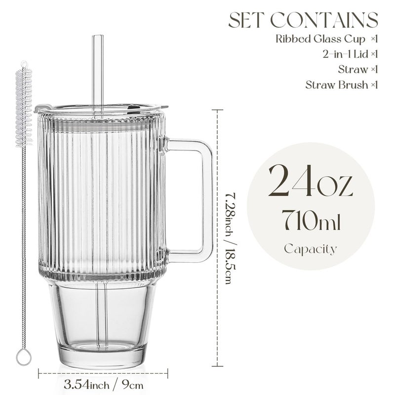 KEMORELA 24 Oz Ribbed Glass Tumblers with Lids and Straws, Tumbler Cup with Handle, Iced Coffee Glassware, Clear Reusable Drinkware for Smoothies and Beverages (1) - Image 3
