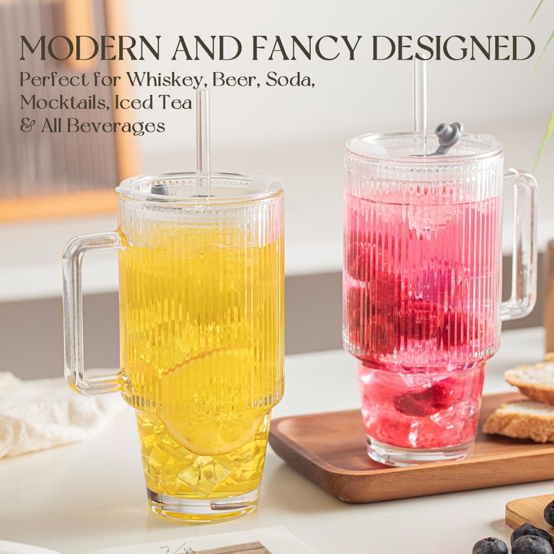KEMORELA 24 Oz Ribbed Glass Tumblers with Lids and Straws, Tumbler Cup with Handle, Iced Coffee Glassware, Clear Reusable Drinkware for Smoothies and Beverages (1) - Image 4