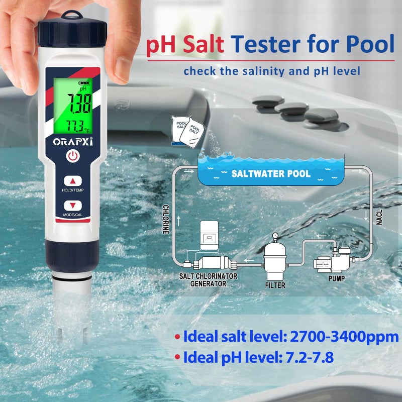 ORAPXI pH Salinity Tester 5 in 1 pH Salt TDS EC Temp Meter for Hydroponic System Saltwater Pool pH and PPM Meter Water Tester for Indoor Plant Grow, Hot Tub, Spa, Aquarium, Home Brewing - Image 2