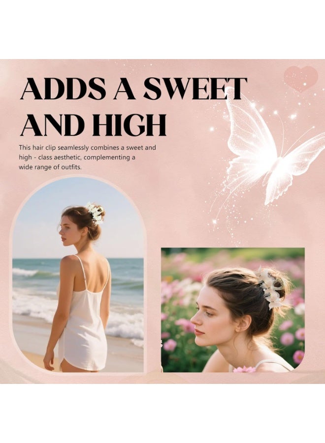 2 Pack Butterfly Hair Clips Elegant Pearl Crystal Butterfly Hair Claw Clips, Handmade Acrylic Butterflies Non Slip Strong Hold Clips for Women Girls（White/Pink） - Image 4
