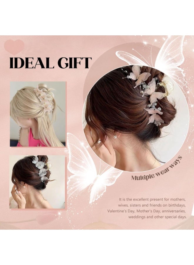 2 Pack Butterfly Hair Clips Elegant Pearl Crystal Butterfly Hair Claw Clips, Handmade Acrylic Butterflies Non Slip Strong Hold Clips for Women Girls（White/Pink） - Image 5