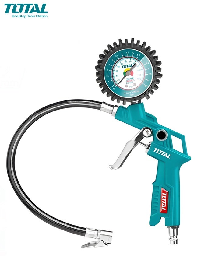 توتال مسدس نفخ الإطارات TOTAL Air TAT11601، ضغط 8.5 بار، 120 رطل لكل بوصة مربعة، مع مقياس ضغط 63.5 مم، خرطوم ضغط عالي 350 مم، مجموعة موصلات سريعة، مدخل هواء 1/4 بوصة، أداة نفخ إطارات السيارات والدراجات النارية والسيارات الرياضية متعددة الاستخدامات للورشة والمرآب ومجموعة ملحقات ضاغط للاستخدام الاحترافي X - Image 1