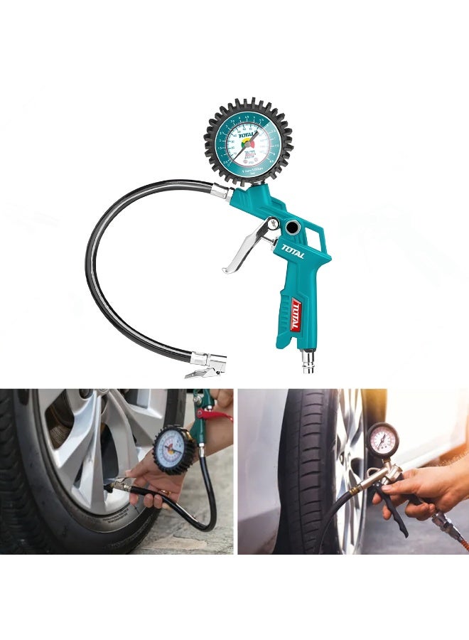 توتال مسدس نفخ الإطارات TOTAL Air TAT11601، ضغط 8.5 بار، 120 رطل لكل بوصة مربعة، مع مقياس ضغط 63.5 مم، خرطوم ضغط عالي 350 مم، مجموعة موصلات سريعة، مدخل هواء 1/4 بوصة، أداة نفخ إطارات السيارات والدراجات النارية والسيارات الرياضية متعددة الاستخدامات للورشة والمرآب ومجموعة ملحقات ضاغط للاستخدام الاحترافي X - Image 3