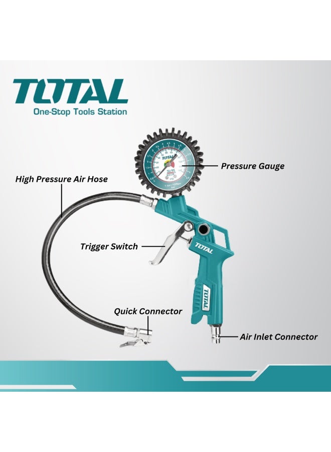 توتال مسدس نفخ الإطارات TOTAL Air TAT11601، ضغط 8.5 بار، 120 رطل لكل بوصة مربعة، مع مقياس ضغط 63.5 مم، خرطوم ضغط عالي 350 مم، مجموعة موصلات سريعة، مدخل هواء 1/4 بوصة، أداة نفخ إطارات السيارات والدراجات النارية والسيارات الرياضية متعددة الاستخدامات للورشة والمرآب ومجموعة ملحقات ضاغط للاستخدام الاحترافي X - Image 5