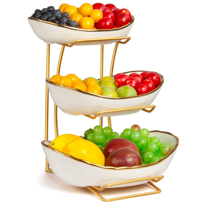 YUNLINLI Fruit Bowl for Kitchen Counter, 3 Tier Fruit Basket for Counter, Ceramic Holder, Tiered Stand with Metal Stand, Detachable Rack for Fruit Vegetable Snack Dessert Storage (White) - Image 1