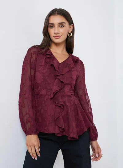 Styli Maroon Ruffle Detail Long Sleeves Blouse