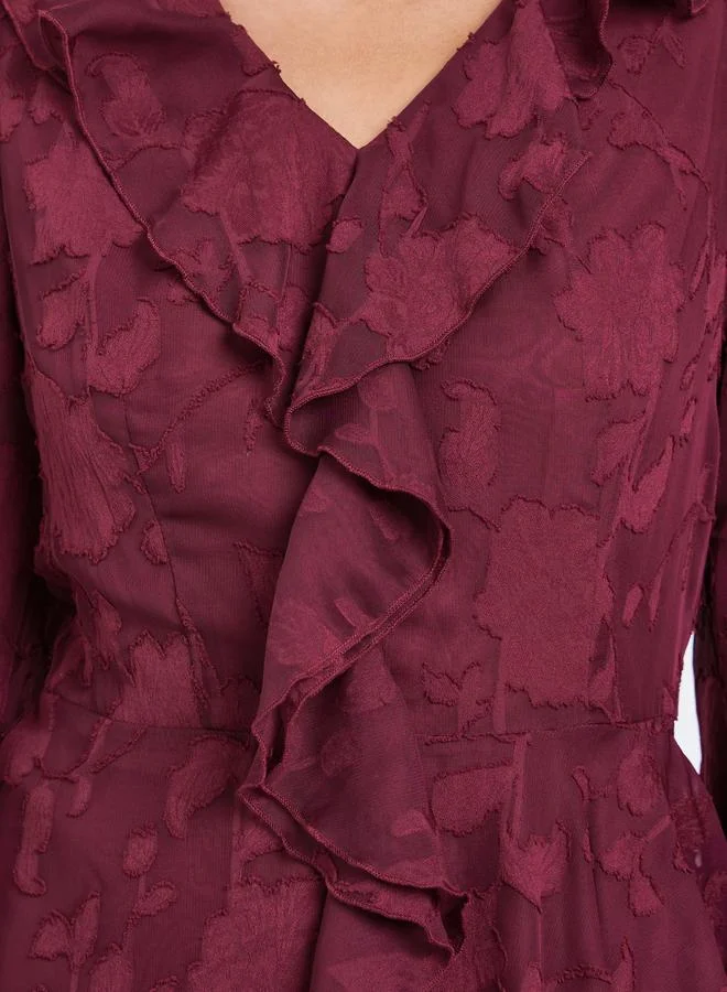Styli Burgundy Maroon Ruffle Detail Long Sleeves Blouse for Women | Best Price UAE