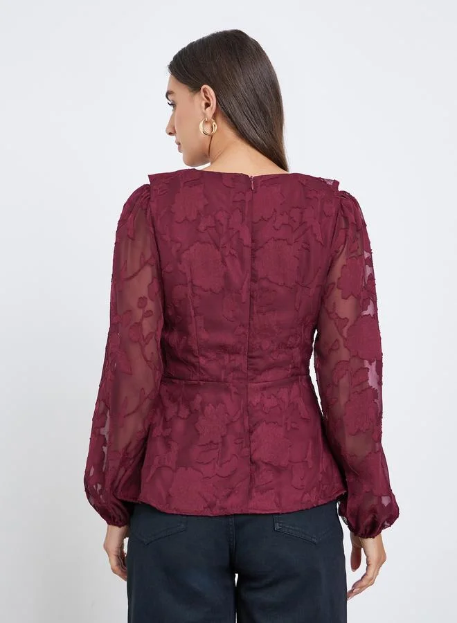 Styli Burgundy Maroon Ruffle Detail Long Sleeves Blouse for Women | Best Price UAE