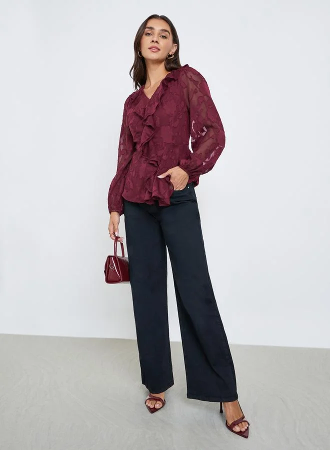 Styli Burgundy Maroon Ruffle Detail Long Sleeves Blouse for Women | Best Price UAE