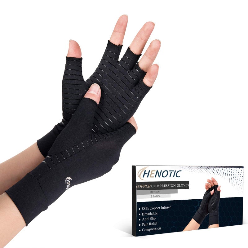 HENOTIC 2 Pairs Copper Arthritis Gloves for Women Men, Fingerless Breathable & Moisture Wicking Arthritis Compression Gloves for Relieving Carpal Tunnel Aches, Rheumatoid Pains, Joint Swell - Image 1