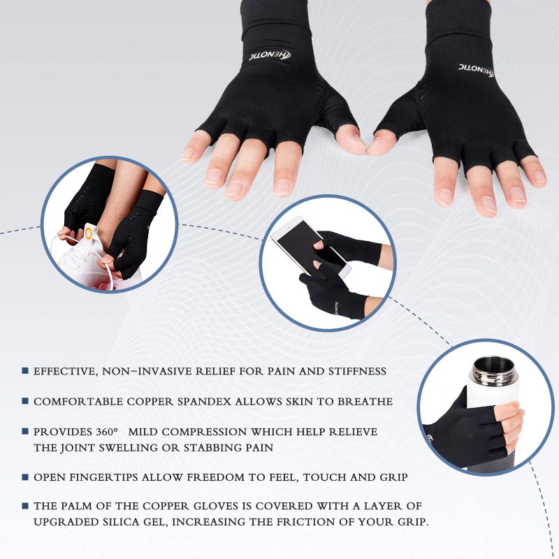 HENOTIC 2 Pairs Copper Arthritis Gloves for Women Men, Fingerless Breathable & Moisture Wicking Arthritis Compression Gloves for Relieving Carpal Tunnel Aches, Rheumatoid Pains, Joint Swell - Image 3