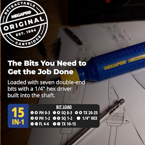 MEGAPRO 15in1 Original Multibit Screwdriver Home DIY Repair Construction Tradeswork 14 Industrialgrade bit tips 14 Hex Drive in shaft The Original - Image 3