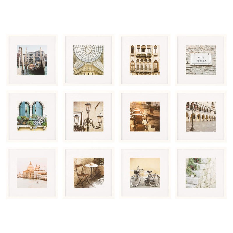 Gallery Perfect  12Piece White Square Photo Frame  Set with Hanging Template  Wall Gallery Kit  165x102x167  Square Wall Mount  Complete Set  Galley Wall  Picture Frame Set