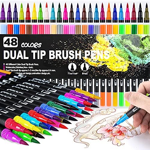 Parssufy 48 ColorsDual Tip Brush Marker Pens Fine Tip Markers & Brush Highlighter Pen for Bullet Journal Adults Colouring Book Note Taking Writing Planning Art Project (48 Dual Tip black) - Image 1