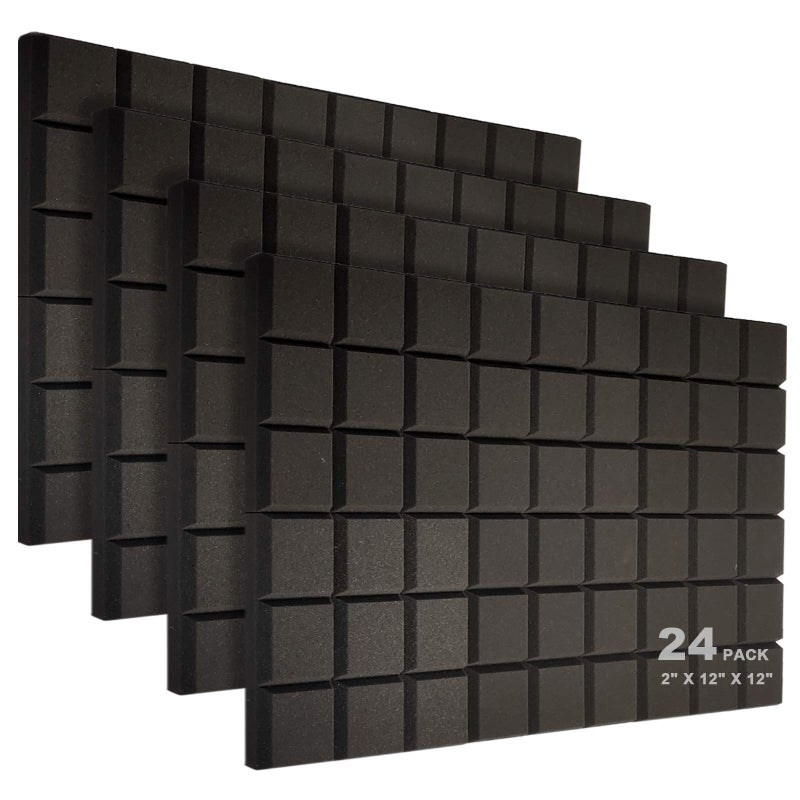 JBER 24 Pack 2 X 12 X 12 Acoustic Foam PanelsSoundproofing Wall Studio Foam Panels WedgesSound Insulation Absorbing Acoustic Treatment9 Blocks Beveled Square Fireproof Design Black